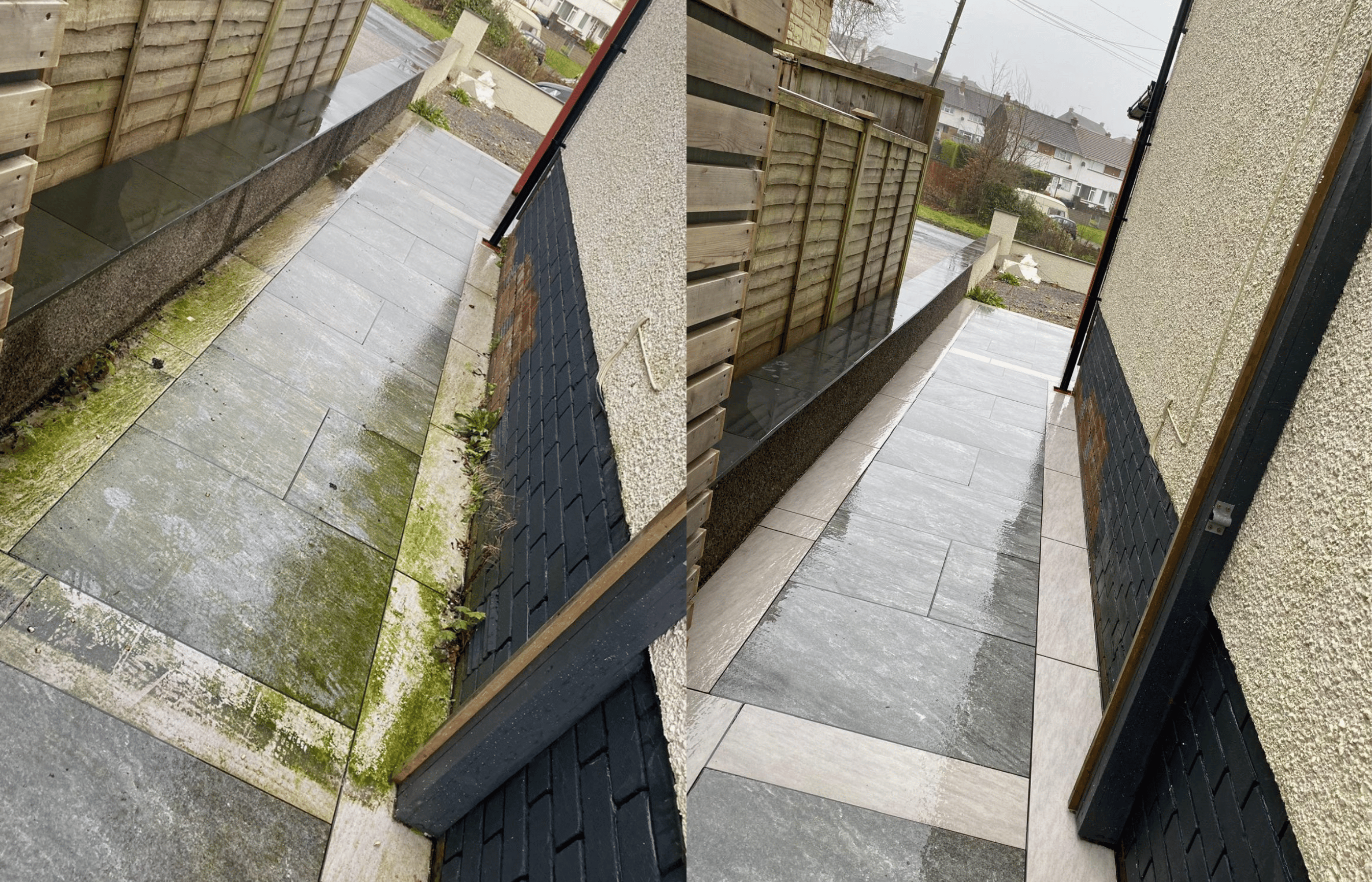 A before and after photo of a patio clean by clearly better.